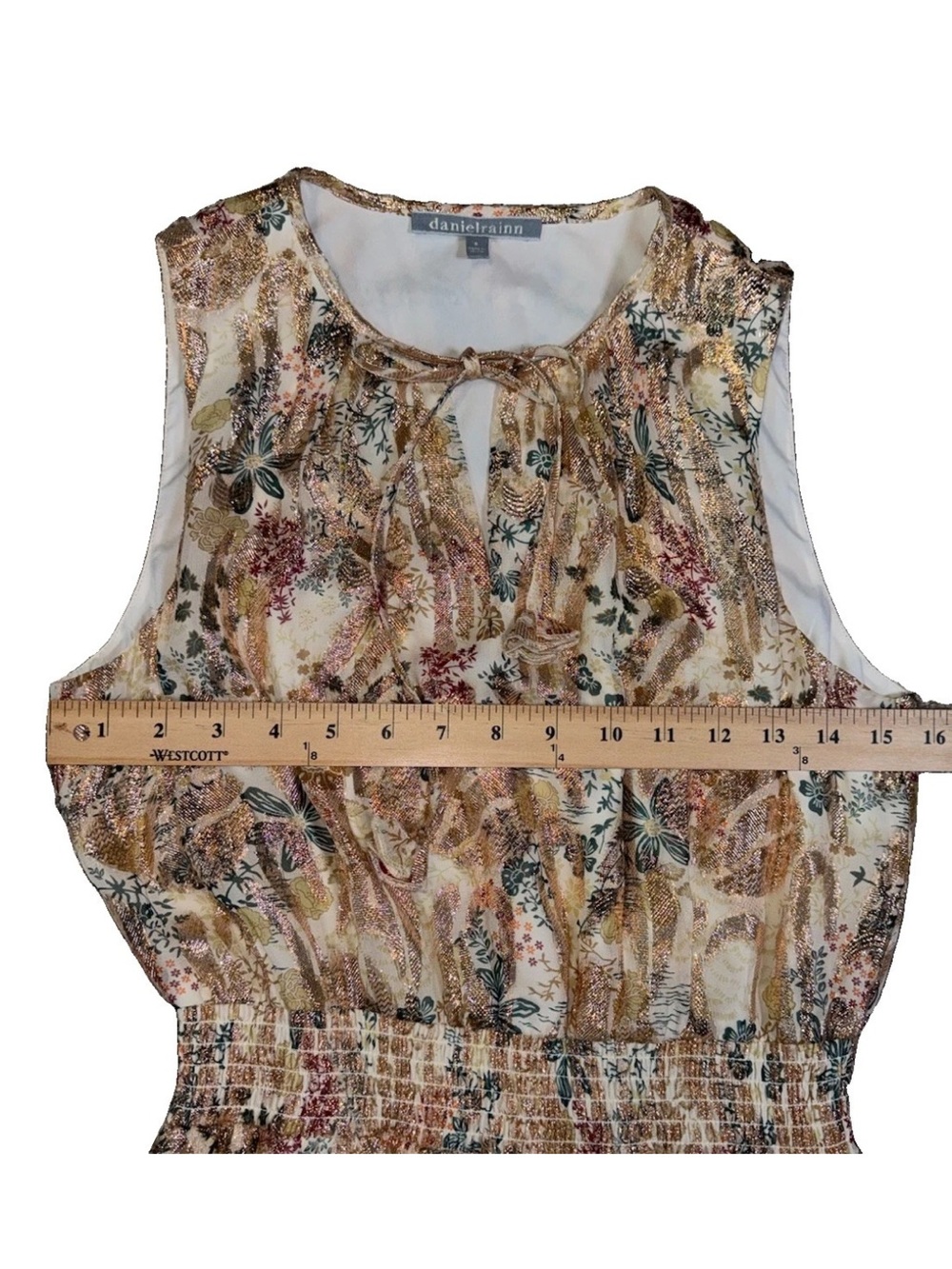 Daniel Rainn Eileen Sleeveless Maxi Dress Gold Floral Lurex Smocked Waist S - Picture 10 of 16